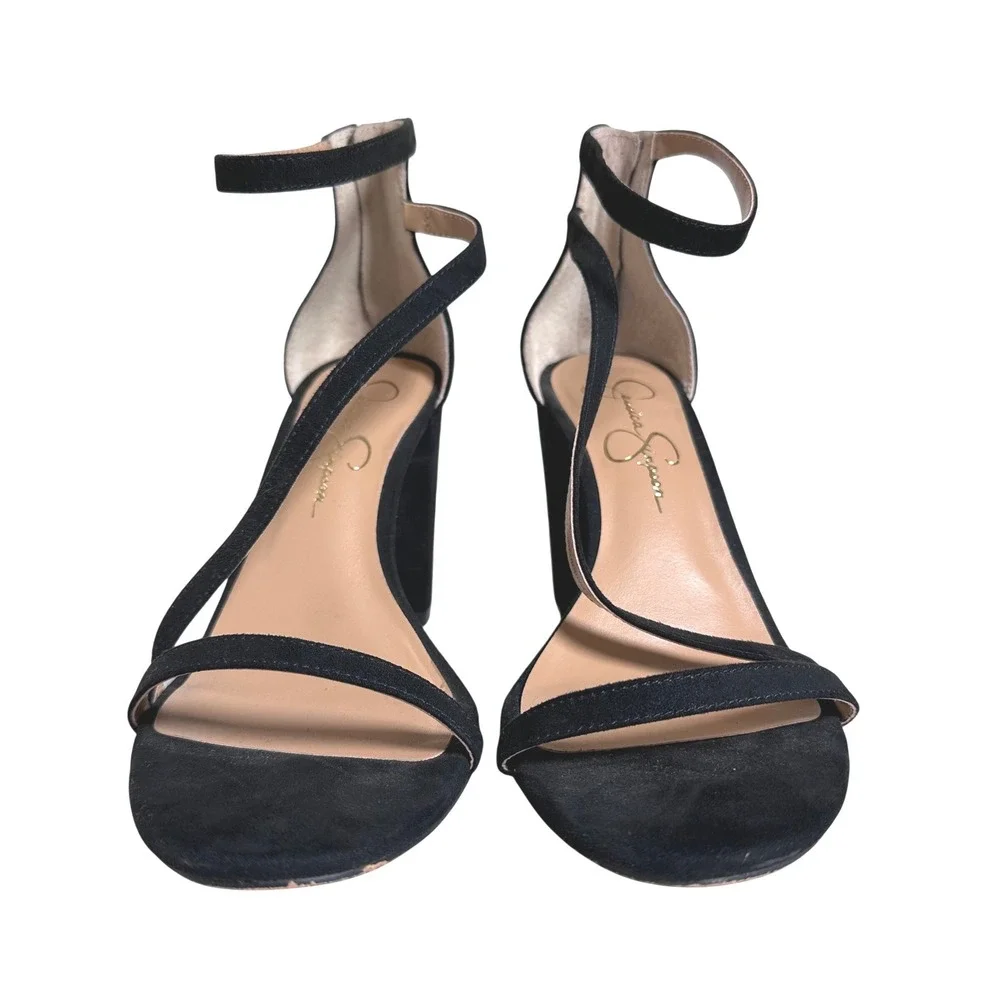 Jessica Simpson Sloyan Black Strappy Block Heel Sandals Back Zip Womens 8.5 M